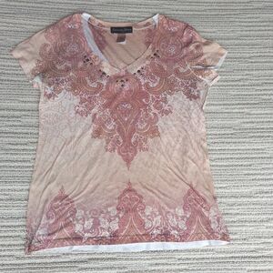 Appropriate Behavior Women Paisley Studded V-Neck Top Shirt Peach Boho XL